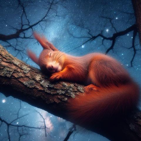 Picture a Red squirrel sleeping on a tree branch with the Milky Way in the background.

AI image generated with coaxing from @PixysJourney@beige.party