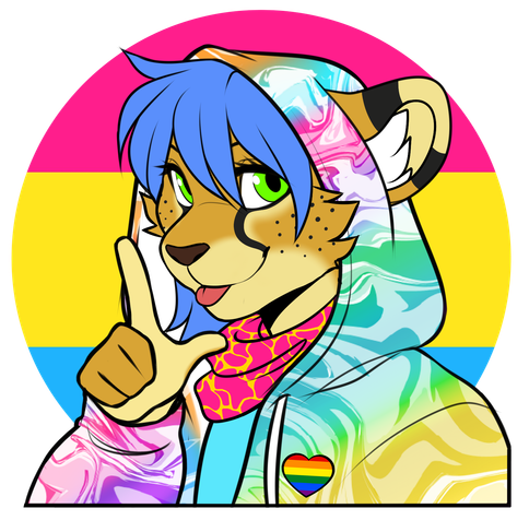Kaylee/Cayman. An anthro cheetah with the typical cheetah markings, bright green eyes and blue hair.
She is wearing a brightly neon-rainbow colored hoodie with the hood flipped up, a bright pink bandana with yellow accents and a heart-shaped rainbow pin. The background is the pansexual flag.
Kaylee is sticking out her tongue in a cheecky way and showing an L sign.
She is pansexual.