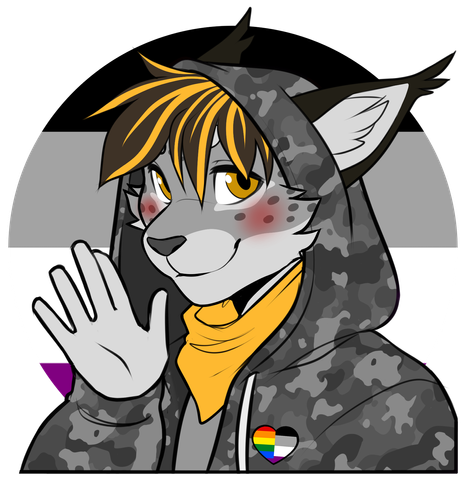 Ryan/Drifter. An anthro lynx with orange eyes, grey fur, orange & black hair and the typical lynx appearance. Tufted ears and cheek floof.
He's wearing a grey camo hoodie with the  hood flipped up, a light grey shirt, an orange bandana and a heart-shaped pin with one half showing the rainblow flag and the other showing the asexual flag. The background is the asexual flag.
He is shyly waving at the viewer with a blush.
And as you have probably guessed, Ryan is asexual.