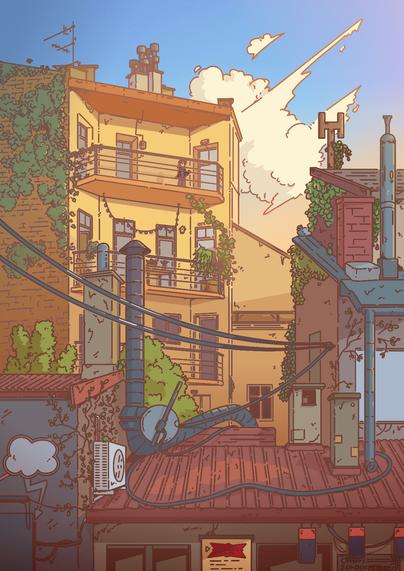 Illustration of the same building with a dramatic sunset light, and a lot of plants and details. Someone is standing on the upmost balcony