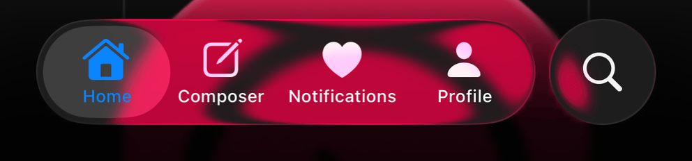 An iOS 26 Liquid Glass Tab Bar, showing the core tabs used in the Bubble app, "Home", "Composer", "Notifications" and finally, a magnifying glass icon separated from the other tabs