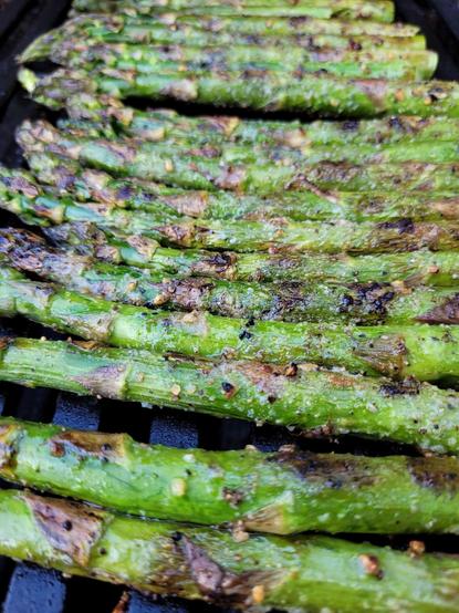 Close up of asparagus on a grill. Focus is on the texture created by the grill marks, seasoning, and green asparagus stalks.