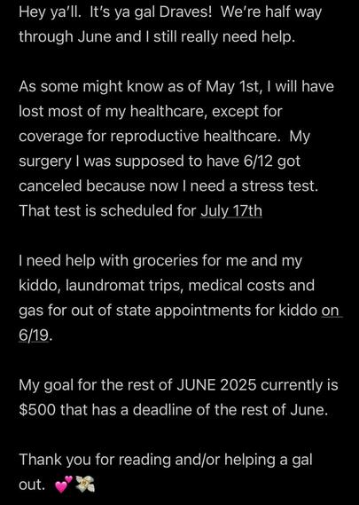 0/500 Mutual aid/direct aid needed for second half of June 2025.