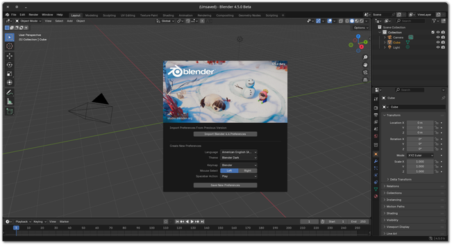 🕶️ A view of its user interface (v.4.5.0 Beta, on my PC Linux, with a dark theme) at application startup : it displays a preference window at startup topped by an image (their last game, by blender).

📚️ Blender is a libre, multi-platform modeling and animation suite that supports the entire 3D pipeline: modeling, manipulation, animation, simulation, rendering, compositing and motion tracking, and even video editing and game creation (via an integrated engine). It is a mature tool, continuously improved since its creation in 1995. Several animation films have been created to test it in situation, and it is now also recognized and used in film creation.