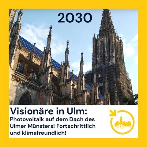 Ulmer Münster mit Photovoltaik (Fotomontage)
Darunter der Text
Photovoltaik auf dem Dach des Ulmer Münsters! Fortschrttlich und klimafreundlich!