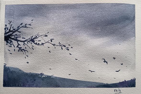 Paesaggio di campagna ad acquerello , cielo piovoso e vento.