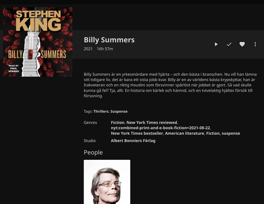 Metadata page for Stephen King's _Billy Summers_. Shows title, description, and other metadata.