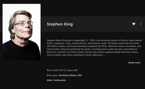 Screenshot of the author page for Stephen King. With some basic bio info and other metadata.