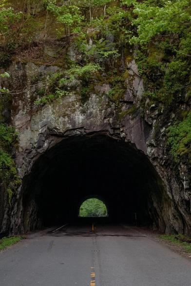 Road and tunnel through stone with green growth — an open section of the Blue Ridge Parkway in North Carolina. Credit...Mike Belleme for The New York Times