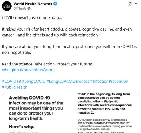 COVID doesn’t just come and go.

It raises your risk for heart attacks, diabetes, cognitive decline, and even cancer—and the effects add up with each reinfection.

If you care about your long-term health, protecting yourself from COVID is non-negotiable.

Read the science. Take action. Protect your future:
https://whn.global/prevention/want-to-reduce-your-risk/

#COVID19 #LongCOVID #LongCOVIDAwareness #InfectionPrevention #PublicHealth

More info here: https://whn.global/want-to-reduce-your-risk-of-cancer-heart-disease-diabetes-dementia-and-more-heres-how/