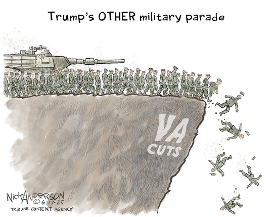 cartoon showing a parade of US military marching over a cliff labeled "VA Cuts"