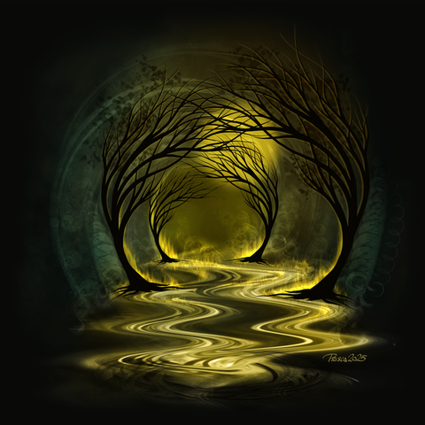 watercolour; a dark background with a tunnel formed by swirling lines and arching trees, the sun sits in the background, the ground is covered in waves of lava- like liquid, the inner image is glowing in yellow, the sides are tinted in muted blue.