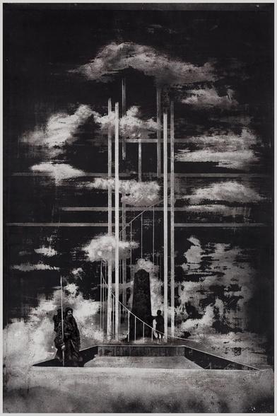 A black and white illustration depicting a surreal architectural scene.
In the center of the image stands a raised platform, structured like a stage or plinth, with vertical poles or beams extending upwards into the sky. These beams pierce through various horizontal bands and semi-transparent clouds, giving the impression of great height. A tall, dark monolithic shape rises in the middle of the platform, surrounded by these beams.

To the right of the monolith stands a small, silhouetted child-like figure, while to the left, closer to the foreground, appears a cloaked figure holding a long staff. The cloaked figure has a partially visible face and stands on the lower level of the platform. The background is filled with a dramatic sky composed of layered clouds and abstract horizontal streaks, evoking a sense of both depth and atmosphere. The overall composition is symmetrical and monumental, with high contrast and textured surfaces contributing to the dreamlike, solemn tone of the image.