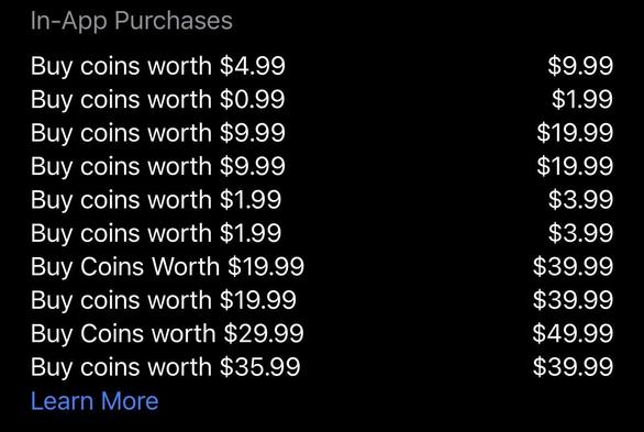 Screenshot of App Store prices for an app, where each in app purchase has a title line “Buy coins worth $4.99” and where the purchase price is twice that amount.