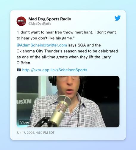 "I don't want to hear free throw merchant. I don't want to hear you don't like his game."

@AdamSchein says SGA and the Oklahoma City Thunder's season need to be celebrated as one of the all-time greats when they lift the Larry O'Brien.

📷 https://t.co/RTimOxppxf https://t.co/0JmOBR0XkQ