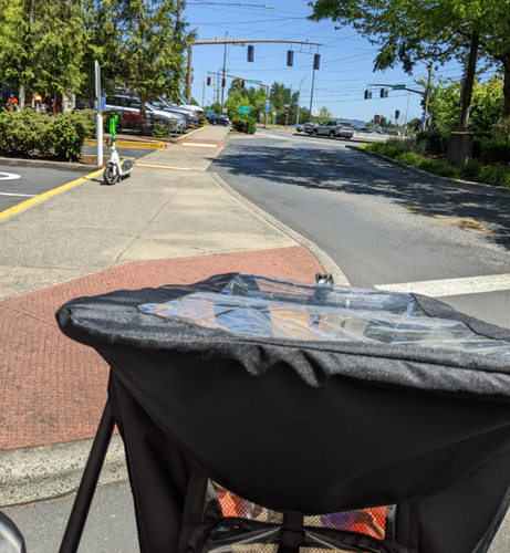 Riding away, better view of Mt Hood over loaded cargo bike.