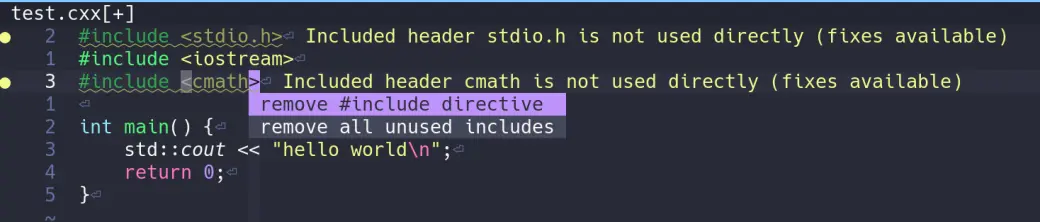 A sample source code program that showcases the abliity of clangd to remove unused headers.  The source of the program is as follows:

#include <stdio.h>
#include <iostream>
#include <cmath>

int main() {
    std::cout << "hello world\n";
    return 0;
}