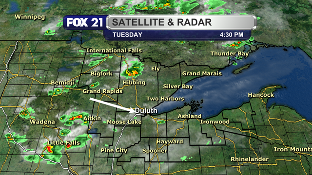 A view of the satellite and radar over the Northland at 4:30 p.m. on June 17, 2025, shows a scattering of pop-up showers over the Rainy River Basin and just to the west of the Iron Range and I-35 corridor regions.  They are moving from west to east, with a slight shift to the southeast.