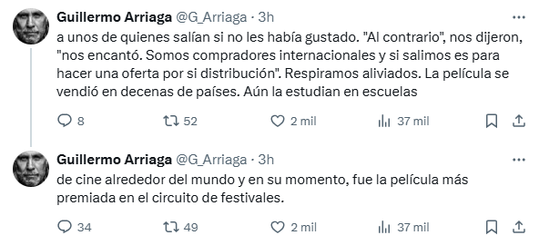 Captura de pantalla del tuit de Guillermo Arriaga, donde habla sobre la primera proyección de la película _Amores Perros_ y las impresiones de los espectadores.