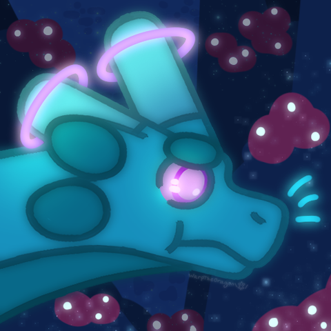 a headshot drawing of an aqua colored dragon deep underwater. even though it a place where sunlight is unable to reach, it is  bright because there are glowing aquatic bushes around. it makes for an incredible spectacle in a place as desolate as this.