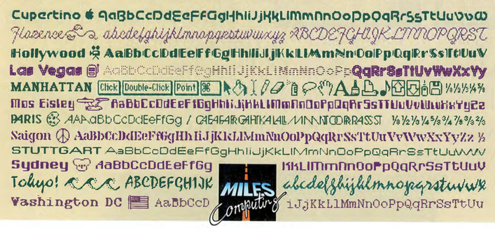 Detail from an ad published in Macworld, November 1984 showing 12 bitmap fonts: Cupertino, Florence, Hollywood, Manhattan, Los Eisley, Paris, Saigon, Stuttgart, Sydney, Tokyo!, and Washington DC.
