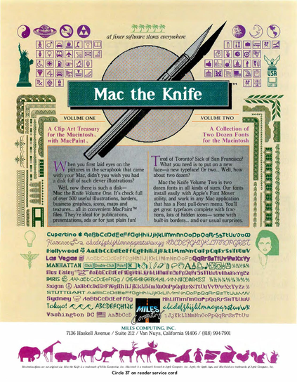 Complete ad from which the previous image is cropped. Title of the product is “Mac the Knife”, published by Miles Computing, Inc.