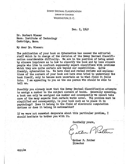 1949 Letter from the US Library of Congress to Norbert Weiner, asking him which section Cybernetics is supposed to be in.