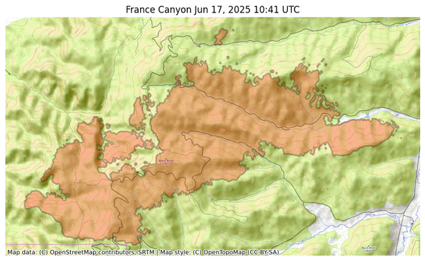 Visual map representation of the France Canyon wildfire, showing the perimeters of the 4703.584304665716 acre fire on a map.