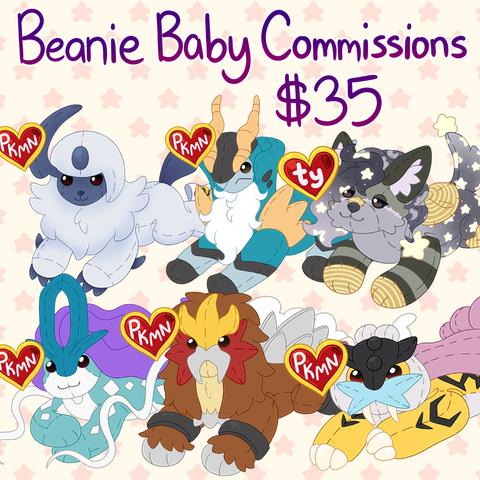My artist ad that says "Beanie Baby Commissions $35" with 6 beanie babies drawings done by myself as examples underneath it, there are 5 pokemon: absol, cobalion, suicune, entei, and raikou, all with heart tags that say "PKMN".  There is 1 of my OCs nappy pappy, with a heart tag that says "TY", she is a star themed plushie oc.