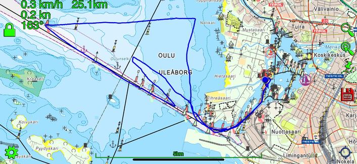 kuljettu reitti oulun edustalla merikartassa
