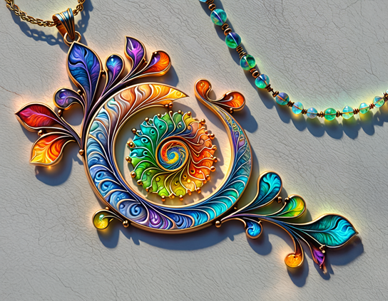 An ornate rainbow-colored pendant with swirling patterns and leaf motifs, alongside a wired necklace of aqua-blue glass beads, on a neutral textured background.