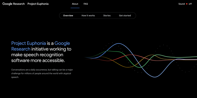Screenshot from the Google Project Euphonia website showing soundwaves