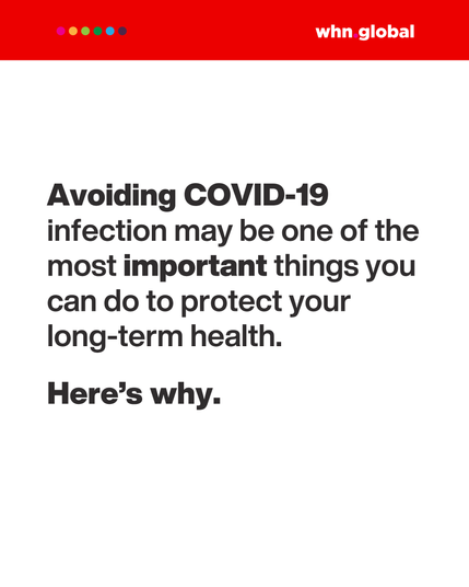 Graphic with a red header bar featuring whn.global and colorful dots. The text reads:
"Avoiding COVID-19 infection may be one of the most important things you can do to protect your long-term health. Here’s why."