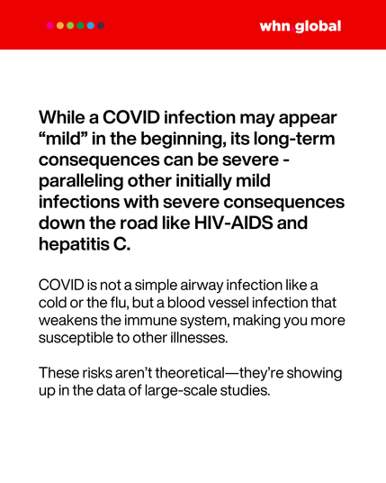 Continues from the previous slide, still with a red header and white background. Text reads:
"While a COVID infection may appear 'mild' in the beginning, its long-term consequences can be severe – paralleling other initially mild infections with severe consequences down the road like HIV-AIDS and hepatitis C.

COVID is not a simple airway infection like a cold or the flu, but a blood vessel infection that weakens the immune system, making you more susceptible to other illnesses.

These risks aren’t theoretical—they’re showing up in the data of large-scale studies."**