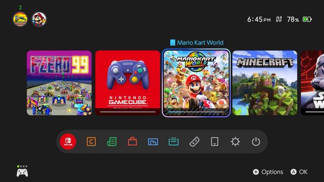 Nintendo Switch 2 Home Screen, with Mario Kart World selected.