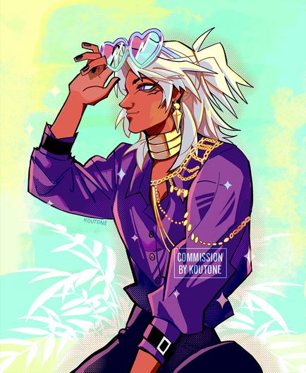 Marik Ishtar from Yugioh from a 3/4 view against a green background. He's smiling serenely as he pushes heart-shaped, ombre sunglasses up in his hair. He is wearing a purple satin top with gold chains around his left shoulder and black pants.