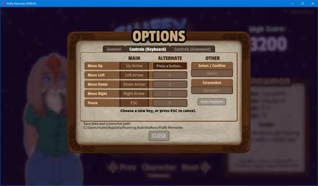 A screenshot from the game Fluffy Memories showing the keyboard control remapping system in the Options menu.