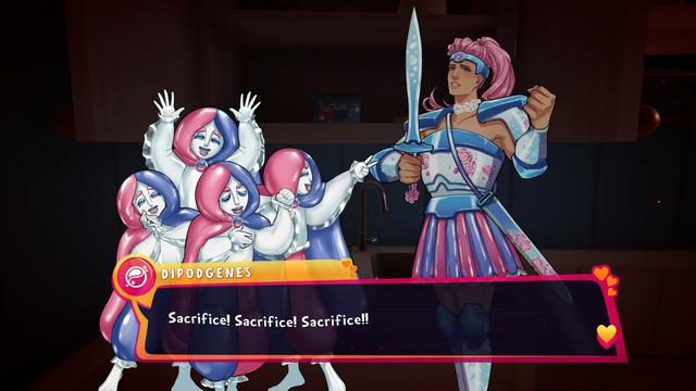 Ein Screenshot aus dem Spiel "Date Everything". Es zeigt Waschmaschinen-Tabs, die als kleine Menschen dargestellt werden. Sie rufen "Sacrifice" und bewundern ihre Anführerin.