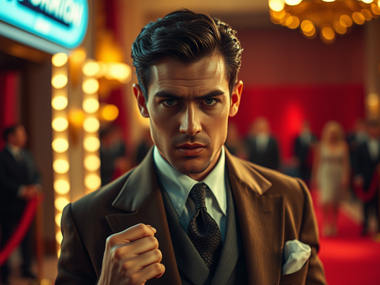 Retrato de un hombre con mirada intensa, vestido con un traje elegante, en un ambiente de evento cinematográfico, con luces brillantes y una alfombra roja de fondo.