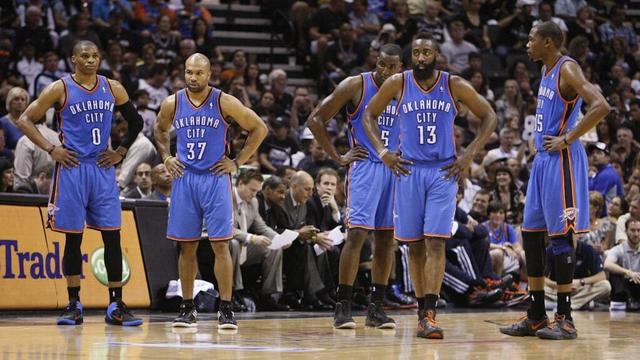 May 29, 2012; San Antonio, TX, USA; Oklahoma City Thunder players Russell Westbrook (0), and Derek Fisher (37), and Kendrick Perkins (5), and James Harden (13) and Kevin Durant (35) on the court during a timeout in game two of the Western Conference finals of the 2012 NBA playoffs against the San Antonio Spurs at the AT&T Center. the Spurs won 120-111. Mandatory Credit: Soobum Im-Imagn Images