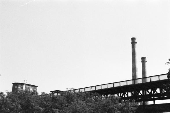 **English:**
This black-and-white photograph captures an industrial scene featuring a bridge-like structure elevated on pillars. The structure extends horizontally across the image, leading the eye towards two tall smokestacks in the background. The smokestacks are part of an industrial facility, hinting at a factory or plant. The foreground is filled with dense foliage, providing a stark contrast to the industrial elements. The sky is clear, adding to the sharpness and contrast of the image.

**Chinese:**
这张黑白照片捕捉到了一个工业场景，其中有一个桥状结构由柱子支撑。该结构在图像中水平延伸，引导视线朝向背景中的两个高烟囱。烟囱是工业设施的一部分，暗示着一家工厂或车间。前景充满了茂密的树叶，与工业元素形成鲜明对比。天空晴朗，增强了图像的清晰度和对比度。