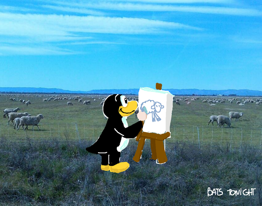 Drawing of tux the penguin painting a sheep, the background is a photo from the tuxpaint software of a field with sheeps.