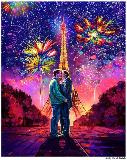 Colorful digital art with two men kissing against a backdrop of the Eiffel Tower at night with fireworks in the sky beyond.