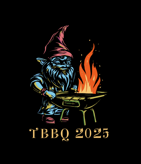 Gnome working a flaming BBQ grill with the text TBBQ 2025