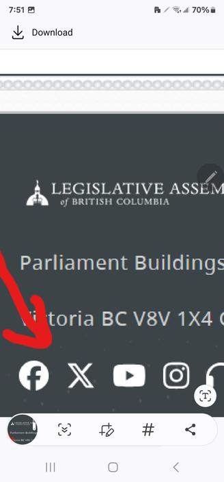 Screenshot of the BC Legislative Assembly website social media list showing all the usual oligarch platforms listed. Imagine if other private corporations had their brand on the public's website.