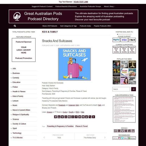 Snacks And Suitcases
Screenshot of the podcast listing on the Great Australian Pods website