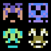 a 2x2 grid of multicolored 8x8 pixel aliens a la space invaders