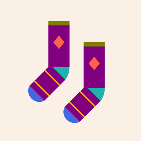 Two socks: Both are a Purple sock with a LightSeaGreen heel, a RoyalBlue toe, and an Olive cuff, with a Tomato diamond on the leg and two Orange stripes on the foot, all on a Linen background.