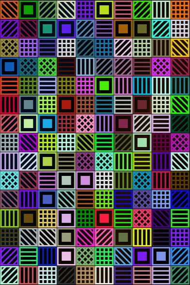 a rectangle of multicolored squares with various fill patterns on a black background