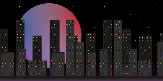 an svg drawing of a cityscape in front of a starry night sky with a large pastel moon hanging background